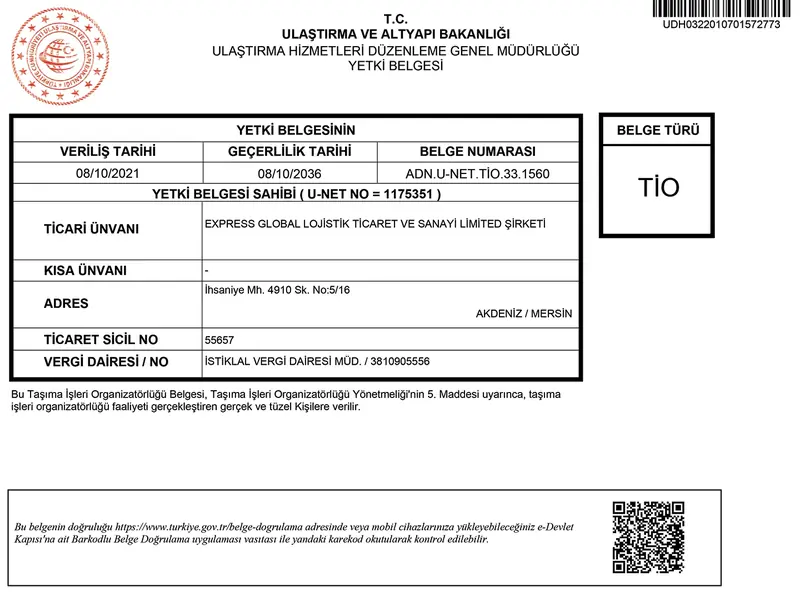 Express Global TİO authorisation certificate